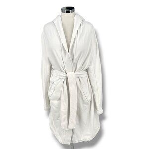 Mantra Los Angeles White Cotton Hooded Bathrobe Pockets Belt Womens Medium
